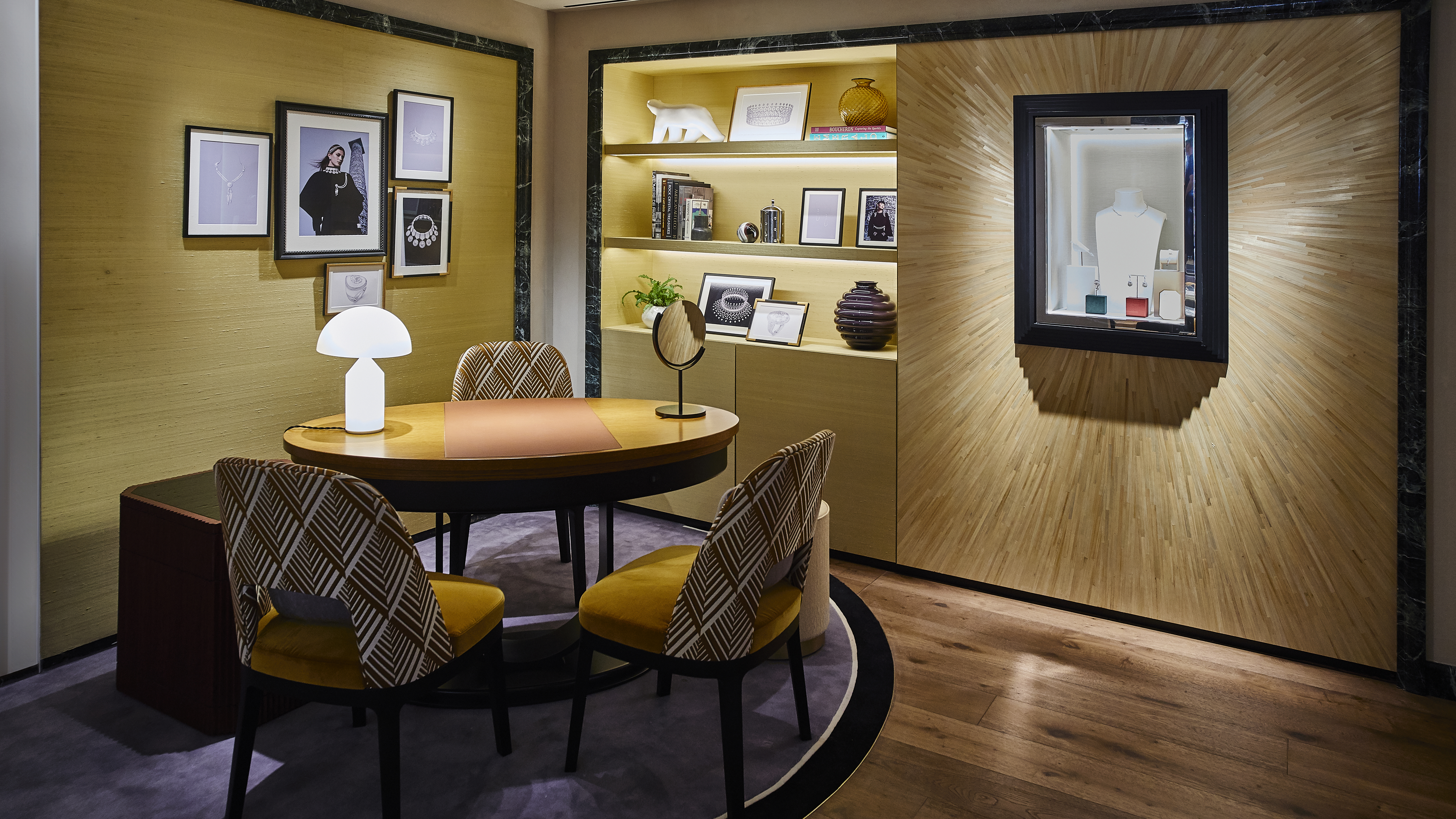 The 3,900-square-foot space is designed to reflect the aesthetic touches of the French jeweler's historic flagship on Place Vendôme in Paris. Image credit: Boucheron